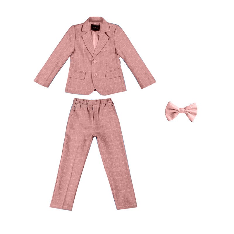 Boys Plaid Suit Wedding Ring Bearer Outfit Kids Striped Blazer Suit Pants Bow Tie 3pcs Clothes Spring Summer Child Party Dress