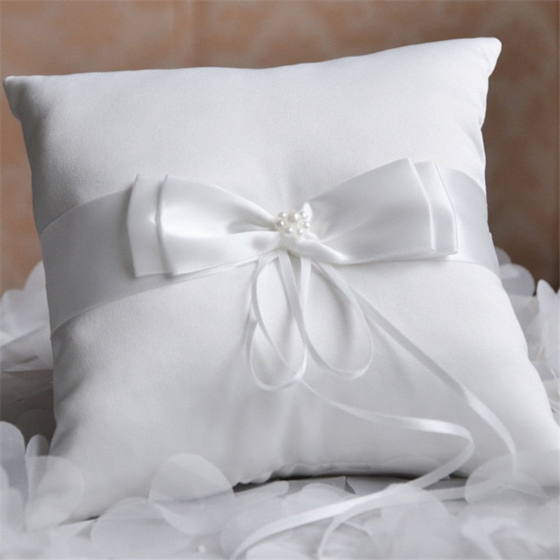 Double Bow Ribbon Pearls Romantic Ring Pillow Bridal Wedding Ceremony Pocket Ring Pillow Cushion Bearer with Ribbons Decoration