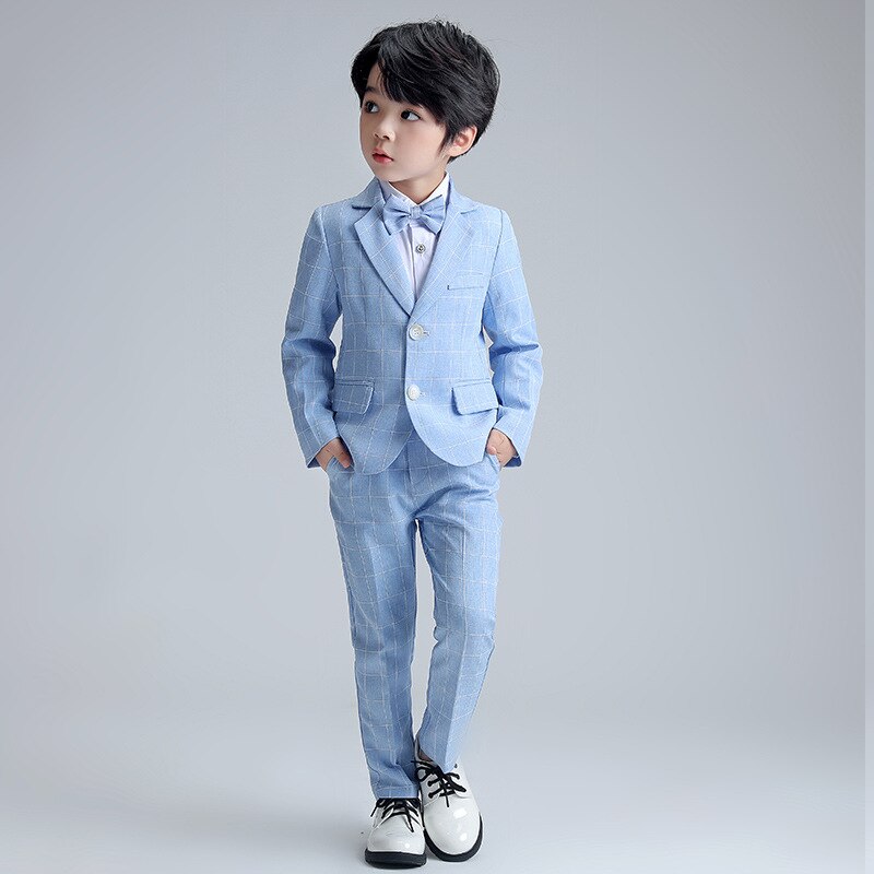 Boys Plaid Suit Wedding Ring Bearer Outfit Kids Striped Blazer Suit Pants Bow Tie 3pcs Clothes Spring Summer Child Party Dress