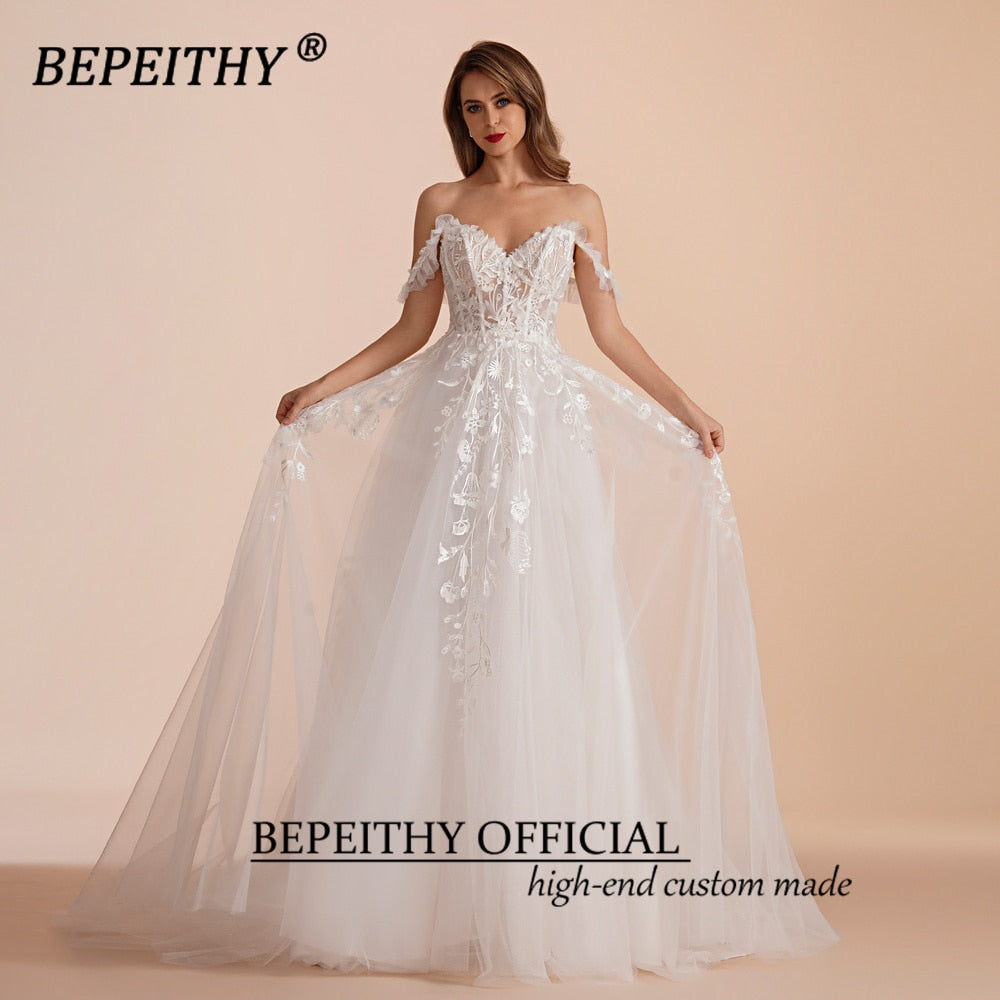 BEPEITHY A Line Sweetheart Bride Wedding Party Dresses 2023 Sleeveless Sweep Train Drop Shoulder Lace Ivory White Bridal Gown