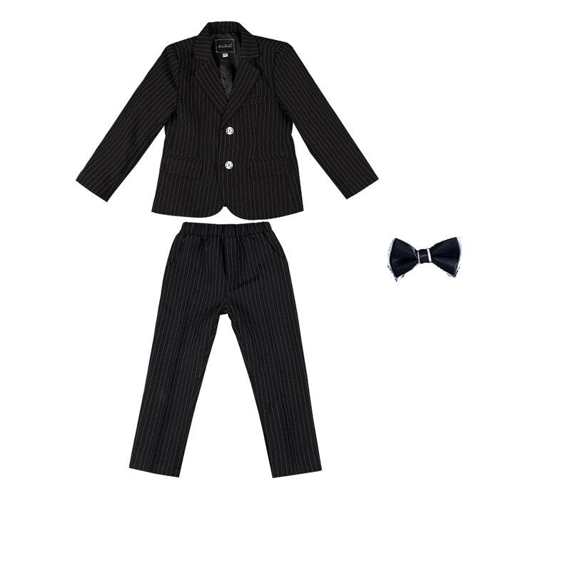 Boys Plaid Suit Wedding Ring Bearer Outfit Kids Striped Blazer Suit Pants Bow Tie 3pcs Clothes Spring Summer Child Party Dress