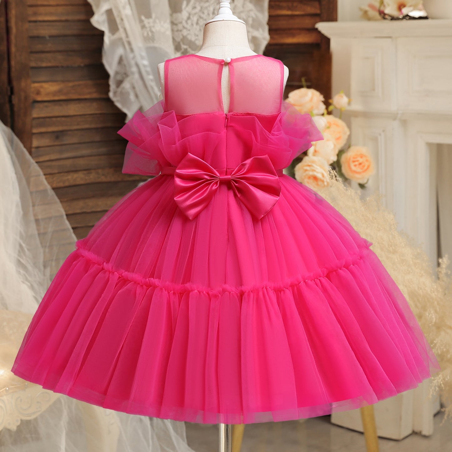 Toddler Girl Flower Birthday Tulle Dress Backless Bow Wedding Gown Kids Party Wear Princess Pink Dress Baby Girl Bowknot Dresses