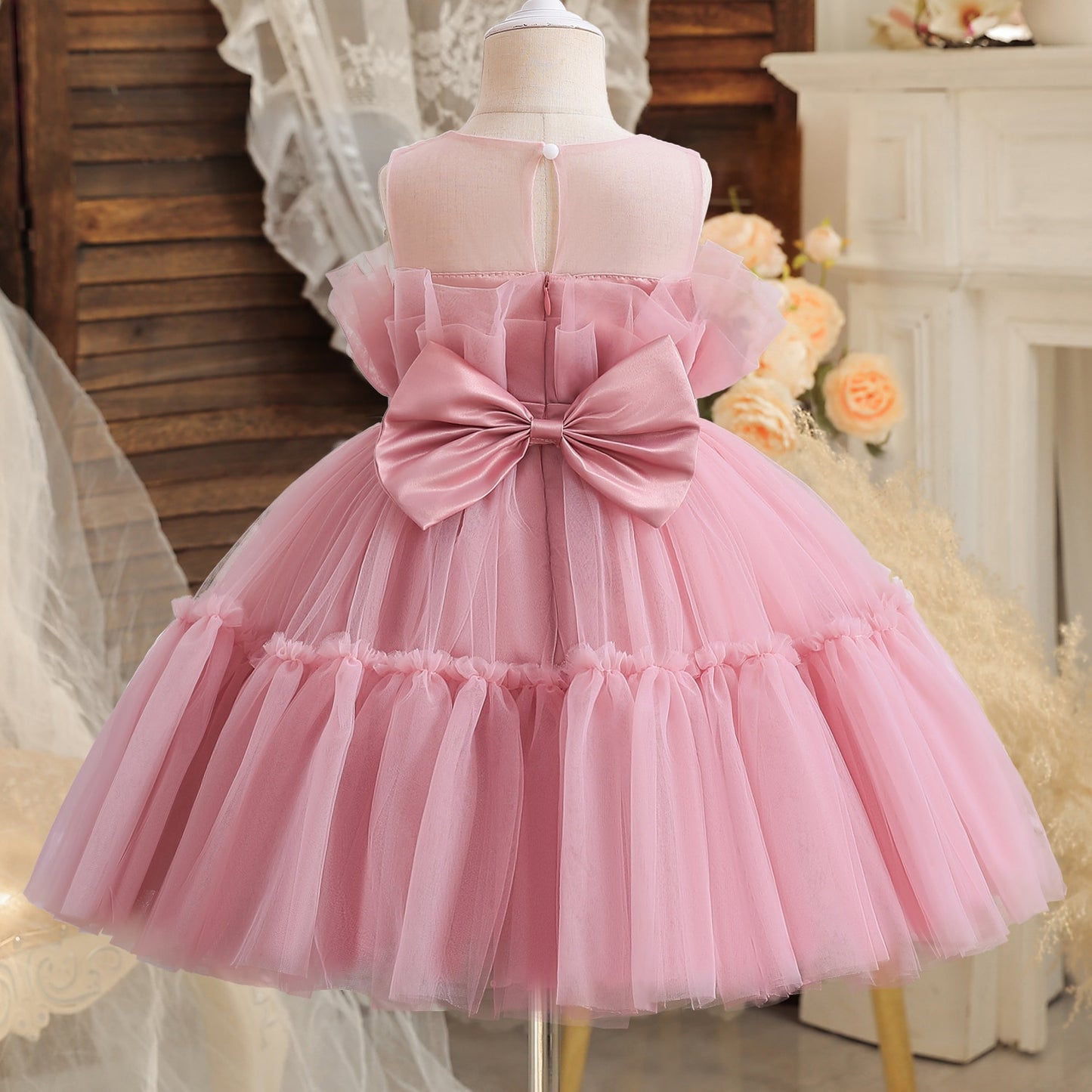 Toddler Girl Flower Birthday Tulle Dress Backless Bow Wedding Gown Kids Party Wear Princess Pink Dress Baby Girl Bowknot Dresses