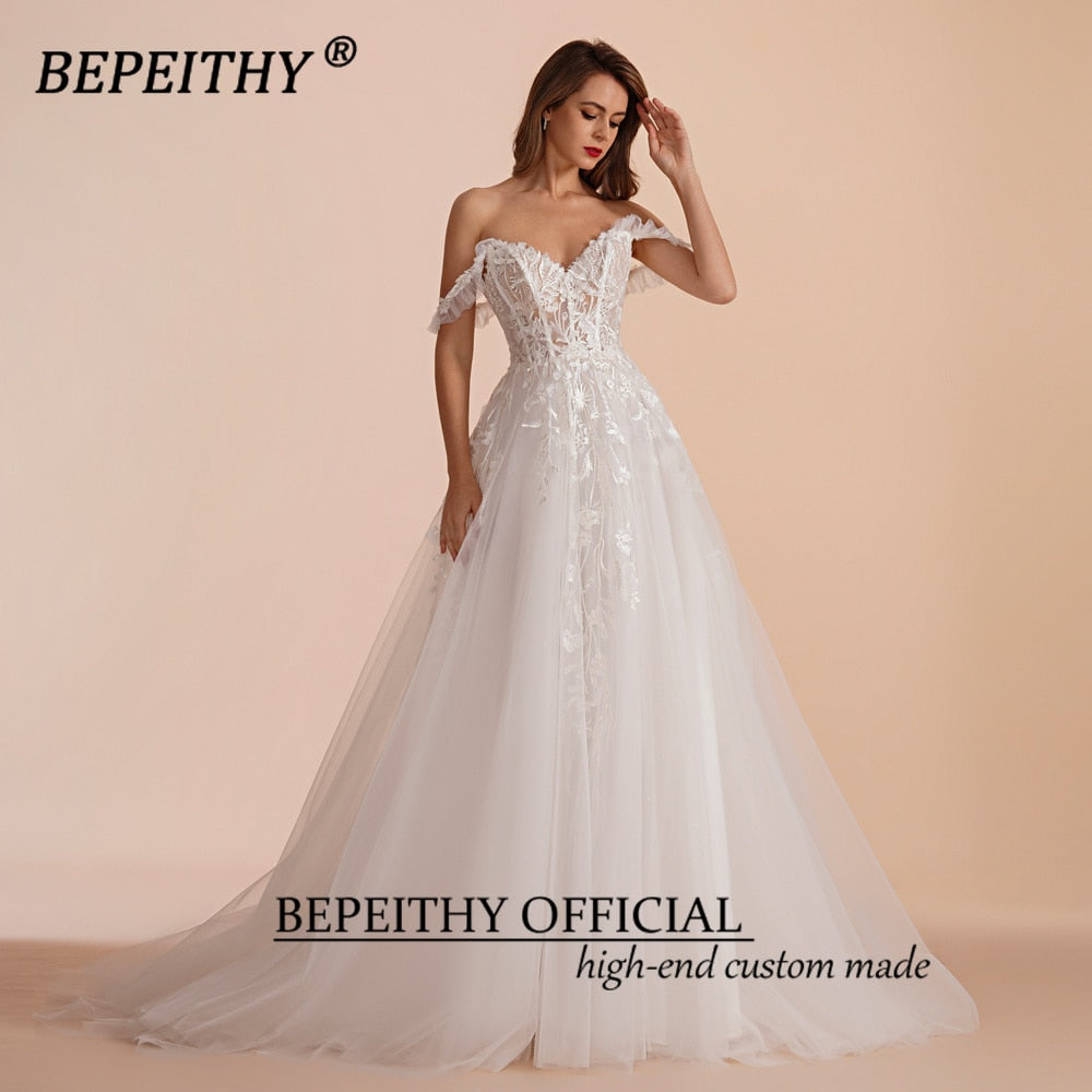 BEPEITHY A Line Sweetheart Bride Wedding Party Dresses 2023 Sleeveless Sweep Train Drop Shoulder Lace Ivory White Bridal Gown