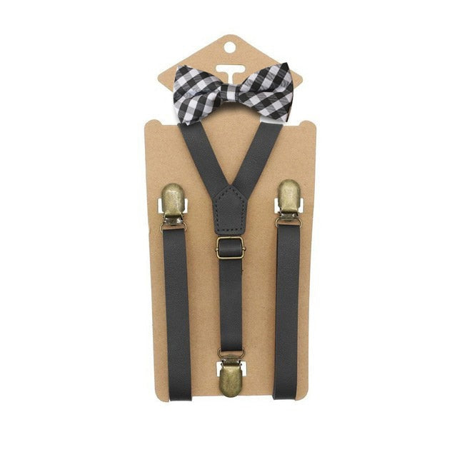 3 Clips Y Back Kid Brown Tan Leather Suspender And Bow Tie Ring Bearer Bowtie Set Birthday Outfit 80*1.5cm Adjustable