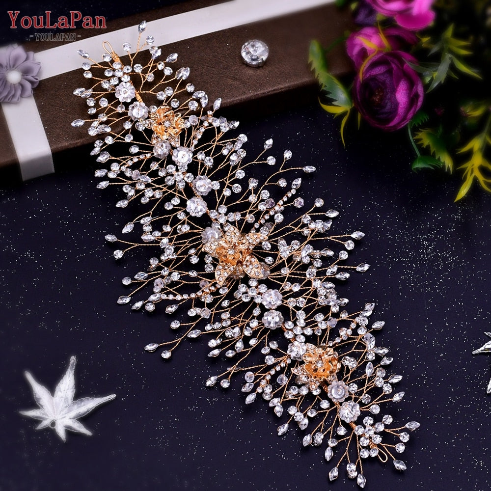 TOPQUEEN HP240 Golden Wedding Hair Jewelry Luxury Crystal Hair Ornaments Rhinestone Wedding Crown Woman Tiara Pageant Headband