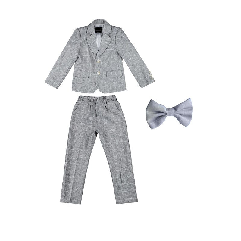 Boys Plaid Suit Wedding Ring Bearer Outfit Kids Striped Blazer Suit Pants Bow Tie 3pcs Clothes Spring Summer Child Party Dress