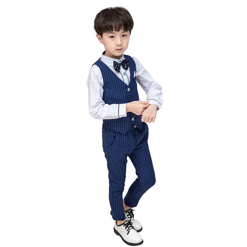 Boy Striped Top Ring Bearer Waistcoat Clothes Sets Kids Formal Suits Child Tie Long Sleeve Shirt Vest Trousers Toddler Outfits