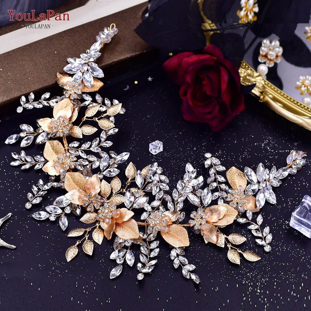 TOPQUEEN HP240 Golden Wedding Hair Jewelry Luxury Crystal Hair Ornaments Rhinestone Wedding Crown Woman Tiara Pageant Headband