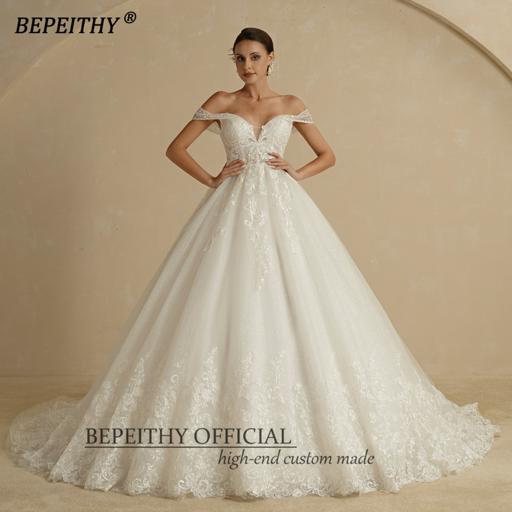 BEPEITHY Princess Sweetheart Wedding Dress For Women Ivory Glitter Skirt Sleeveless Court Train Vintage Bride Bridal Ball Gown