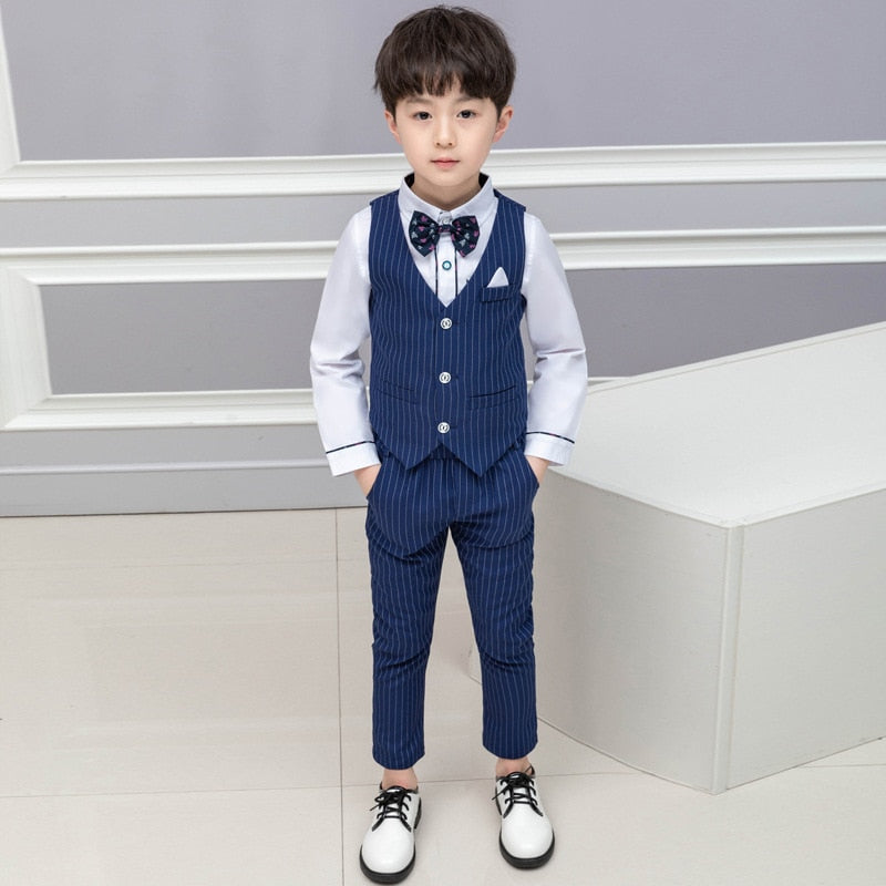 Boy Striped Top Ring Bearer Waistcoat Clothes Sets Kids Formal Suits Child Tie Long Sleeve Shirt Vest Trousers Toddler Outfits