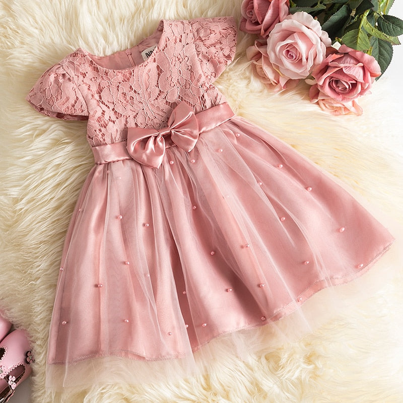 Toddler Girl Flower Birthday Tulle Dress Backless Bow Wedding Gown Kids Party Wear Princess Pink Dress Baby Girl Bowknot Dresses