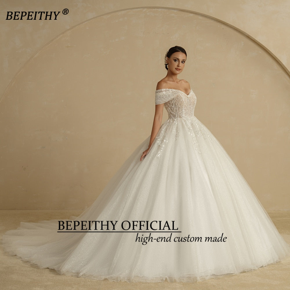 BEPEITHY Ivory Beading Princess Wedding Dresses 2022 For Bride Off The Shoulder Sleeveless Women Glitter Ball Bridal Gown Robes