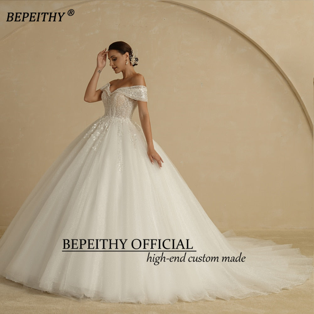 BEPEITHY Ivory Beading Princess Wedding Dresses 2022 For Bride Off The Shoulder Sleeveless Women Glitter Ball Bridal Gown Robes