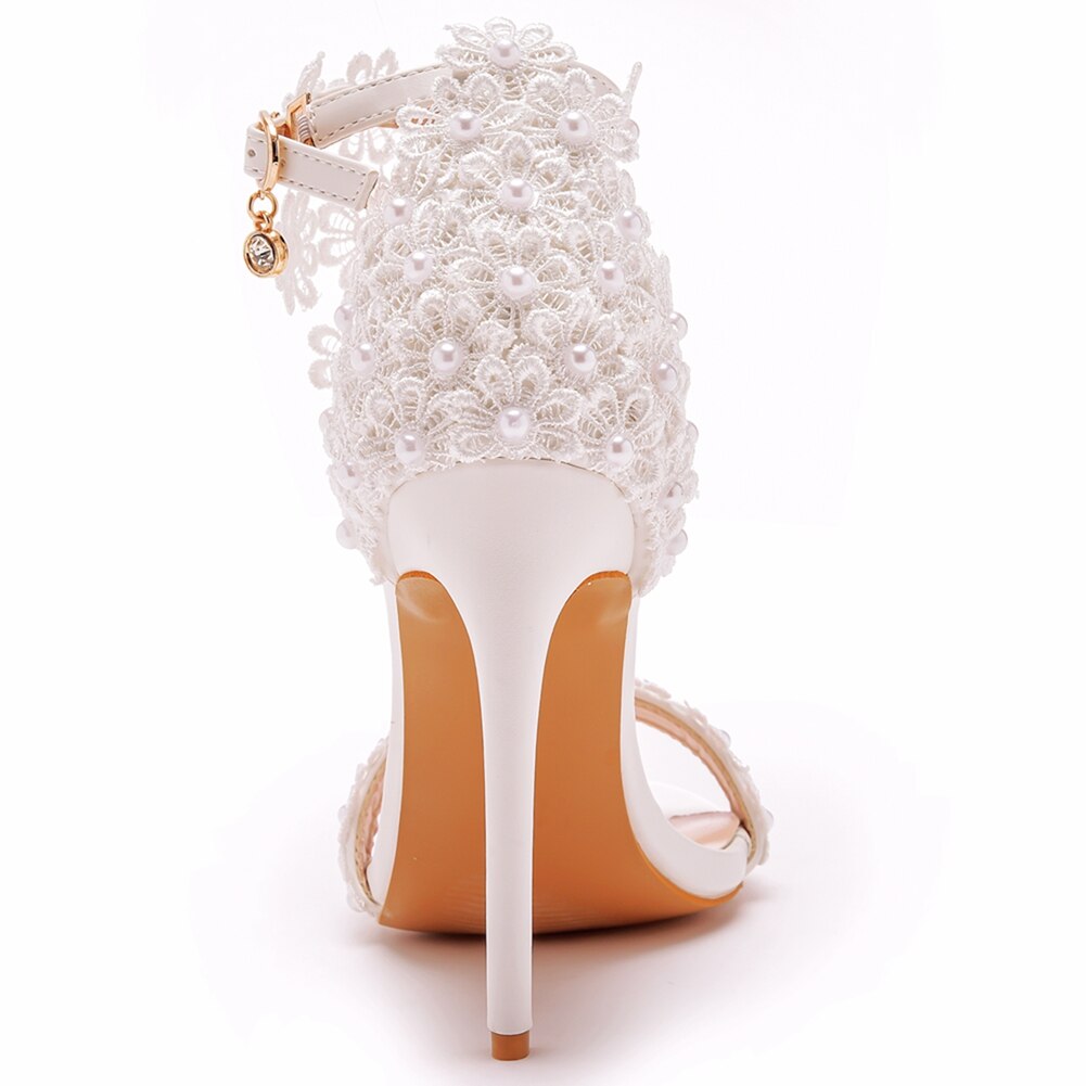 Crystal Queen Women Ankle Strap Sandals White Lace Flowers Pearl Tassel  Super Stiletto High Heels Slender Bridal Wedding Shoes