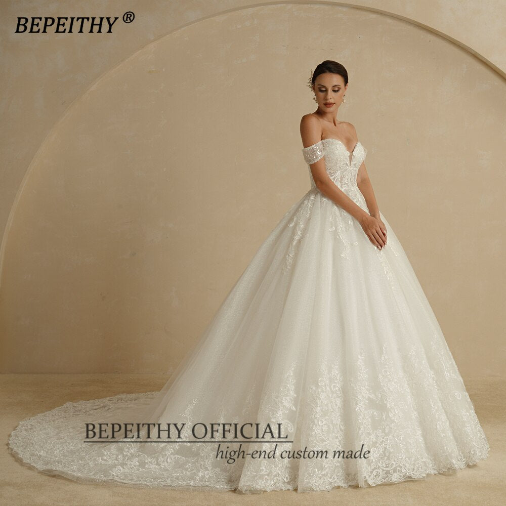 BEPEITHY Princess Sweetheart Wedding Dress For Women Ivory Glitter Skirt Sleeveless Court Train Vintage Bride Bridal Ball Gown