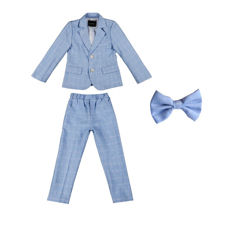 Boys Plaid Suit Wedding Ring Bearer Outfit Kids Striped Blazer Suit Pants Bow Tie 3pcs Clothes Spring Summer Child Party Dress