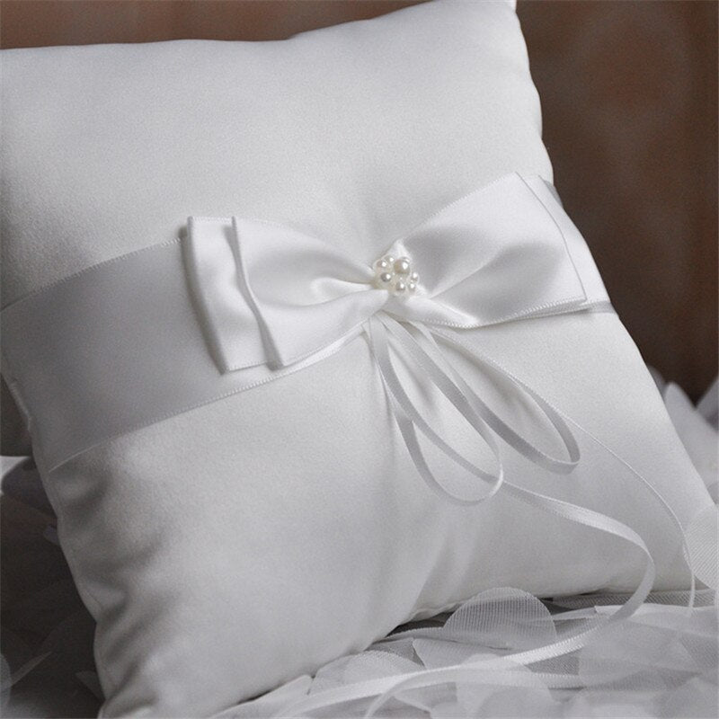 Double Bow Ribbon Pearls Romantic Ring Pillow Bridal Wedding Ceremony Pocket Ring Pillow Cushion Bearer with Ribbons Decoration