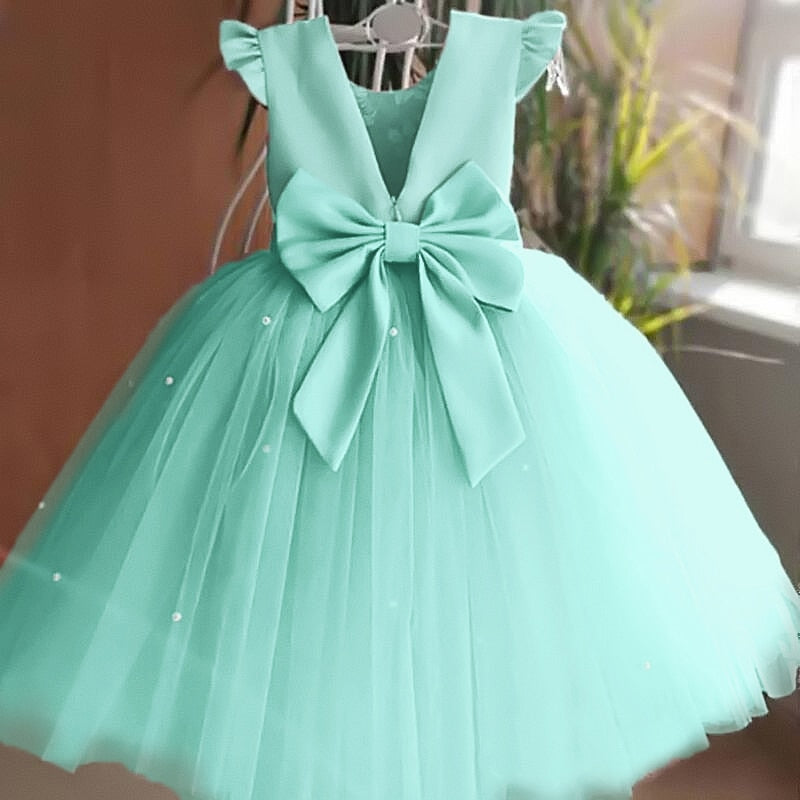 Toddler Girl Flower Birthday Tulle Dress Backless Bow Wedding Gown Kids Party Wear Princess Pink Dress Baby Girl Bowknot Dresses