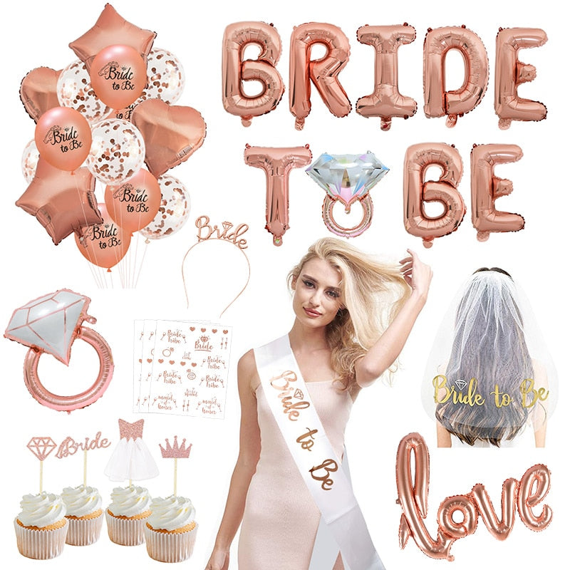 Rose Gold Bride To Be Letter Foil Ballon Bride Veil Sash Headband Wedding Decorations Bridal Shower Bachelorette Party Supplies