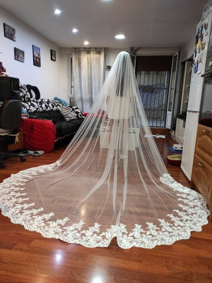 Real Photos 3m Long One Layer Cathedral Wedding Tulle Lace Bridal Veil White Ivory Customized Veil With Comb Wedding Accessories