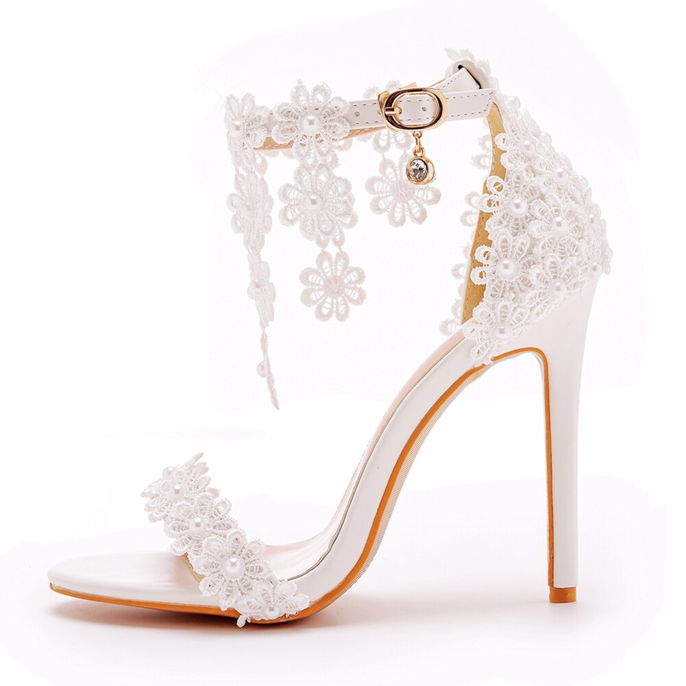 Crystal Queen Women Ankle Strap Sandals White Lace Flowers Pearl Tassel  Super Stiletto High Heels Slender Bridal Wedding Shoes