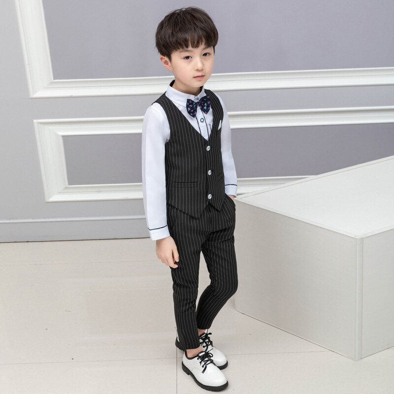 Boy Striped Top Ring Bearer Waistcoat Clothes Sets Kids Formal Suits Child Tie Long Sleeve Shirt Vest Trousers Toddler Outfits