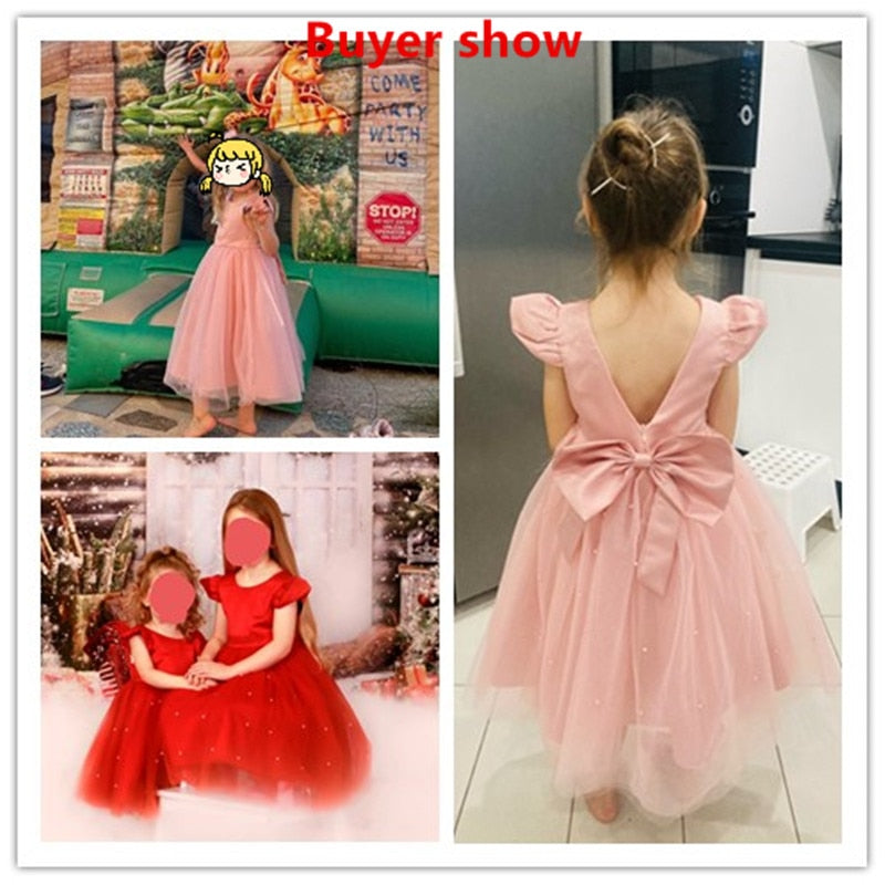 Toddler Girl Flower Birthday Tulle Dress Backless Bow Wedding Gown Kids Party Wear Princess Pink Dress Baby Girl Bowknot Dresses