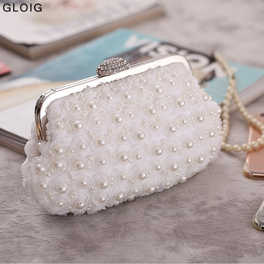 Beaded Women Clutch Party Wedding Chain Shoulder Handbags Diamonds Metal Rose Vintage Evening Bags