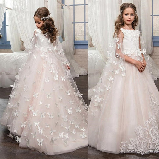 Flower Girl Dresses for Wedding Butterfly Princess Tutu Lace Appliqued Lace Up Vintage Girl First Communion Dress