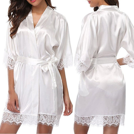 New Women Night Gown Robe Lace Bathrobe Nightgown Halt Sleeve Night Mini Dress Lace Sexy Sleepwear Dresses With Belt