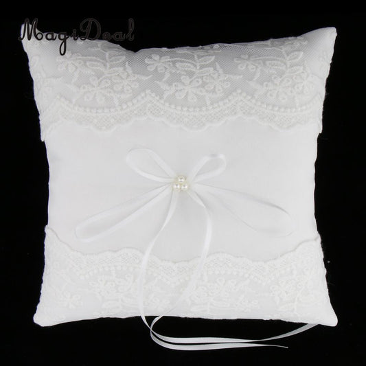 MagiDeal Delicate Wedding Ceremony Party Pearls Lace Ring Pillow Cushion Bearer for Engagement Marriage Proposal Decor White