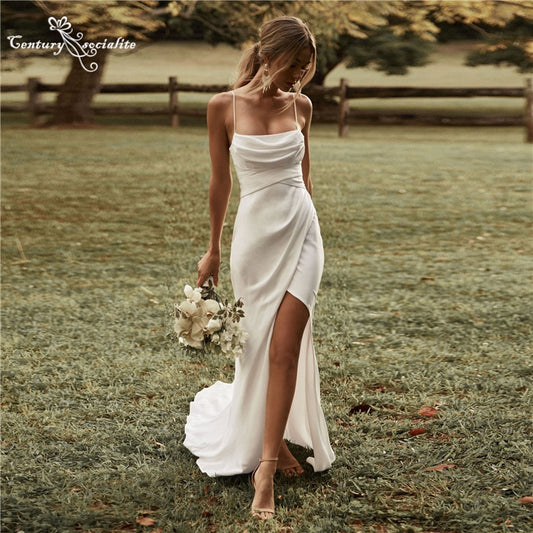 Simple Sexy Wedding Dresses Boho Mermaid Bridal Dress High Slit Straps Backless Bohemian Bride Gowns Vestidos De Noiva 2023