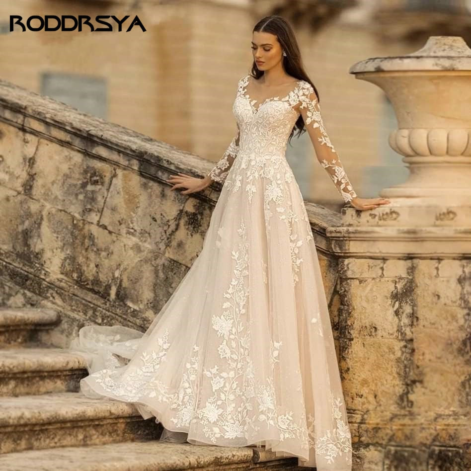 RODDRSYA Elegant O-Neck Wedding Dresses Lace Up A-Line Appliques Long Sleeves Beach Bride Gowns robe de mariée bohème Plus Size