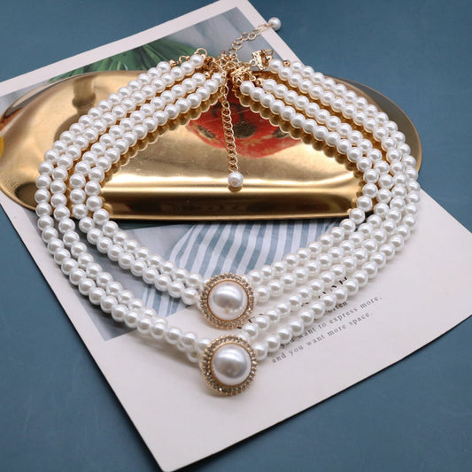 Retro Elegant Necklace Glass Pearls Double Choker Rhinestone Glitter Wedding Party Decoration Wholesale