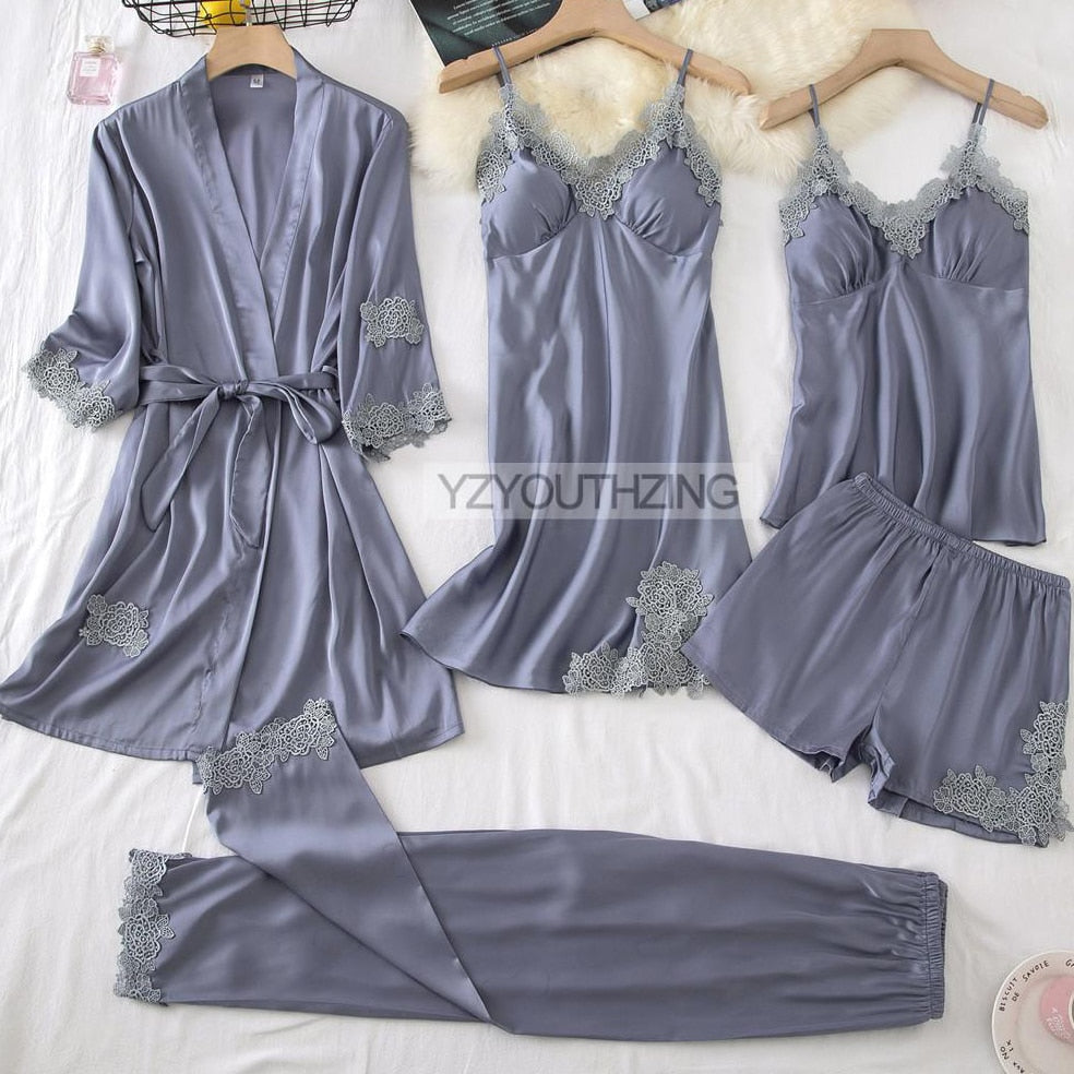 Lace PJ's Women Pajamas Suit Satin Sexy Sleepwear Summer Pyjamas With Trousers Nightgown V-Neck Kimono Robe Gown Set Lingerie