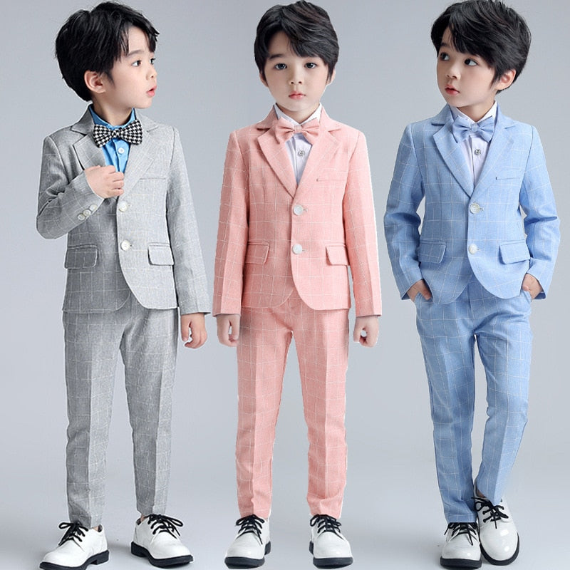 Boys Plaid Suit Wedding Ring Bearer Outfit Kids Striped Blazer Suit Pants Bow Tie 3pcs Clothes Spring Summer Child Party Dress